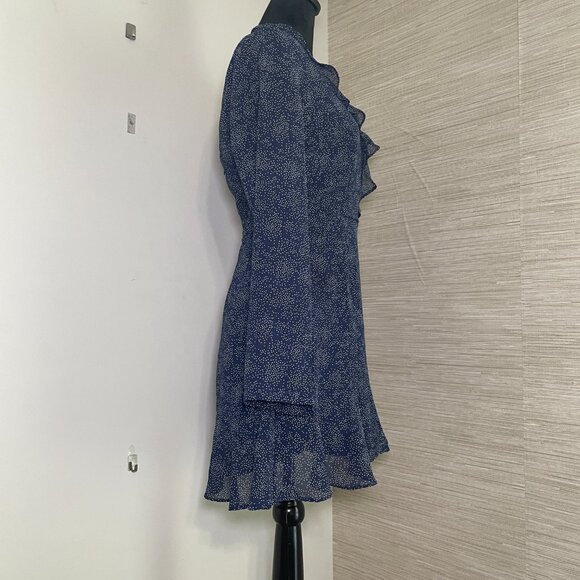 Women's Size 10 Yours Truly Navy Polka Dot Ruffled Neck Long Sleeve Dress - Picture 6 of 11